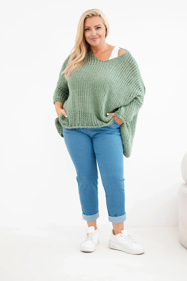 Damen Oversize Lochstrickpullover mit V-Ausschnitt und längerem Rücken khaki