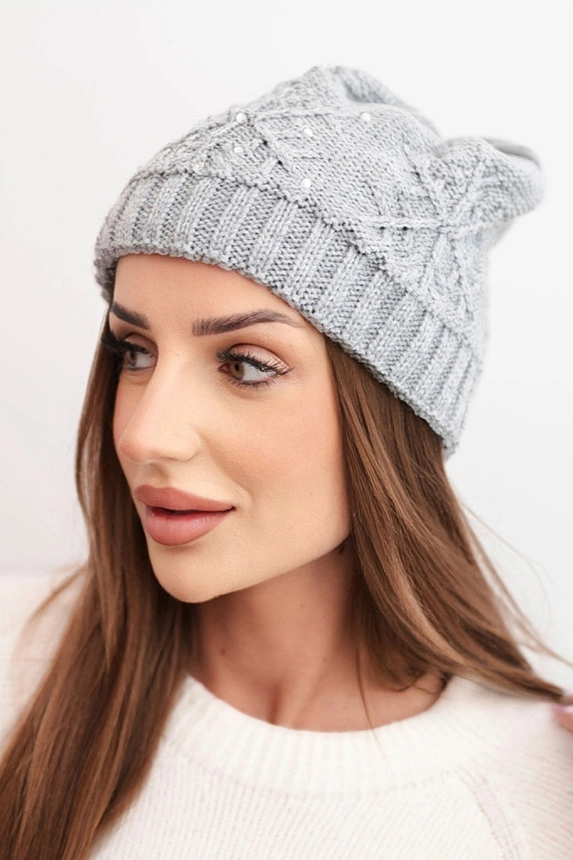 Women's winter hat with wool and decorative knit with pearls K470 light gray