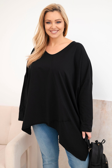 Bluzka damska bawełniana Plus Size z asymetrycznym dołem i dekoltem V czarna
