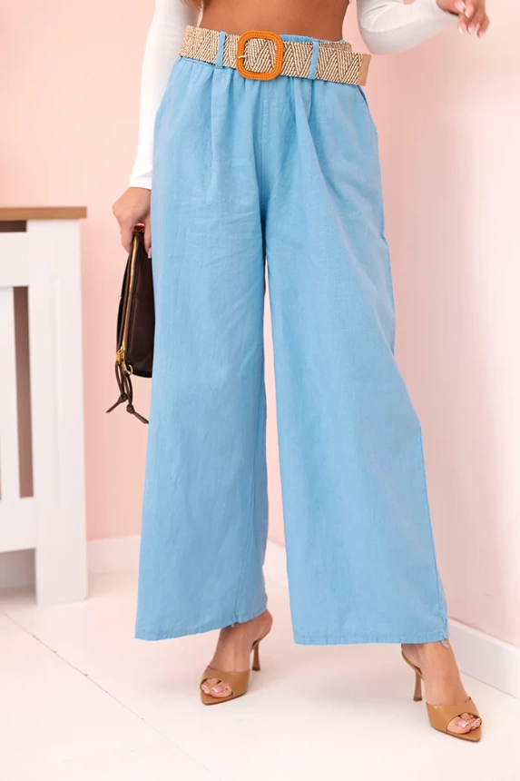 Women's linen trousers with wide legs and a belt blue