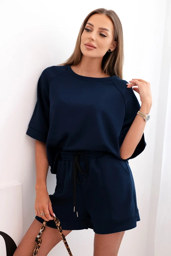 Women's butter set with a short-sleeved blouse and shorts with an elastic band navy blue