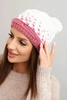 Women's winter wool hat with geometric pattern K477 white + dark pink
