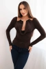 Women's blouse with draped neckline and long sleeves brown