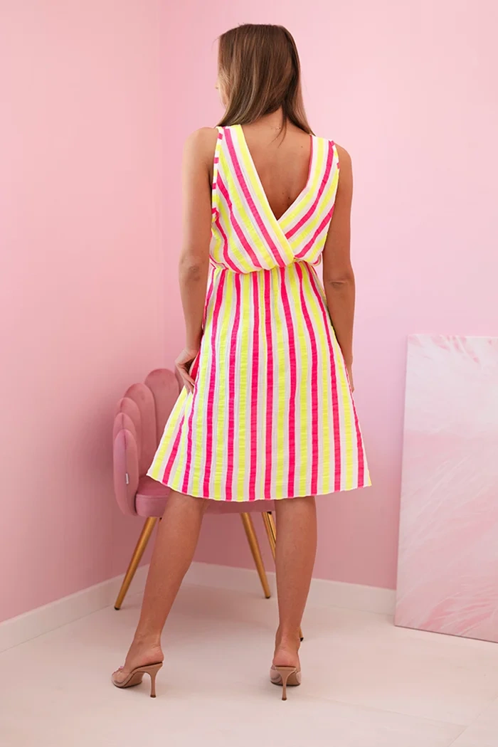 Moteriška medvilninė suknelė su spalvotomis juostelėmis neoninė geltona