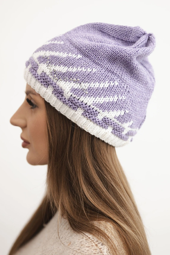 Women's winter wool hat with geometric pattern and rhinestones K469 purple
