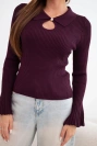 Women's ribbed viscose blouse with a collar and wide sleeve plum