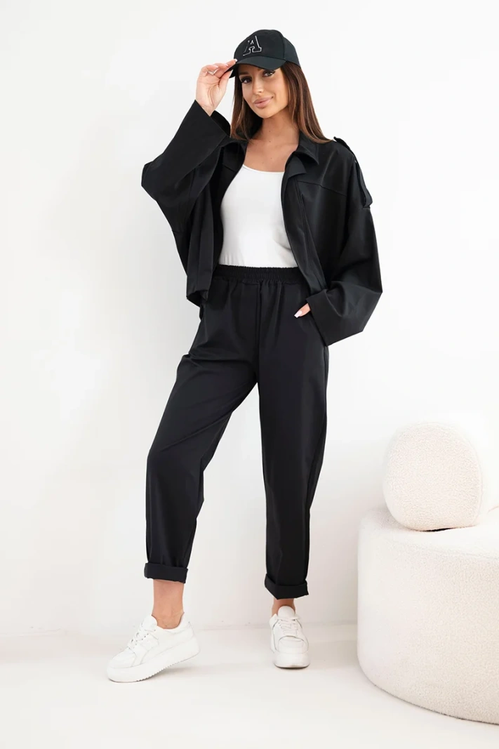 Damen-Baumwollset mit kurzem Sweatshirt und Hose schwarz