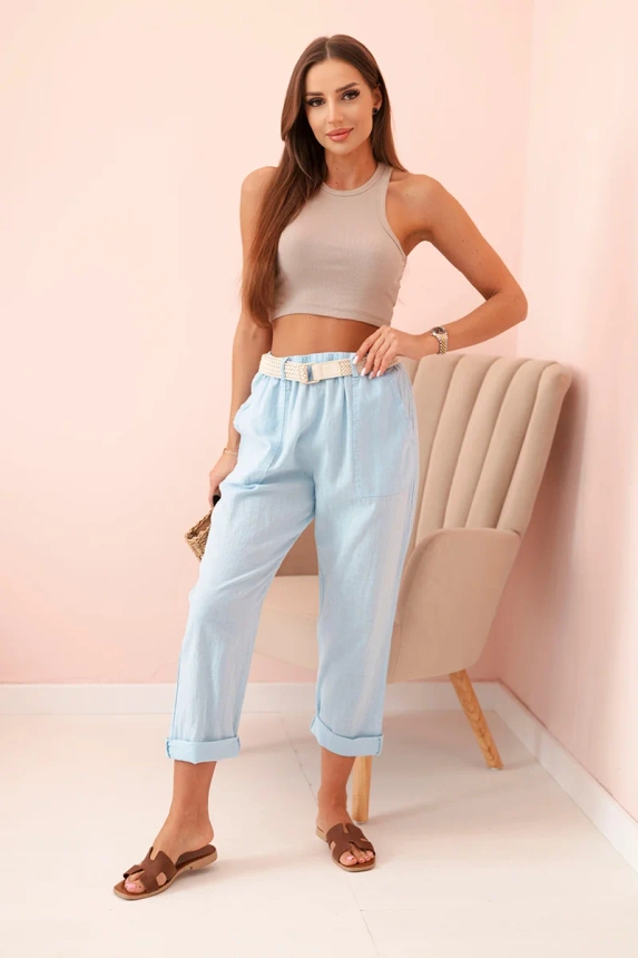 Women's linen cotton pants with a belt blue