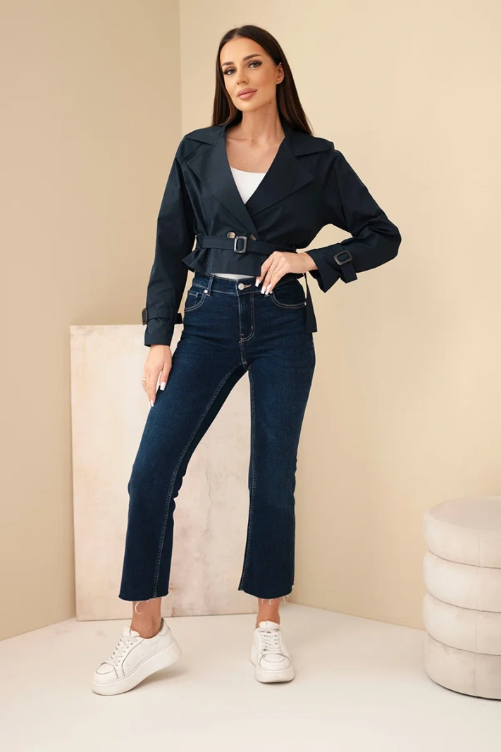 Women's short double-breasted viscose jacket with belt and lapels navy