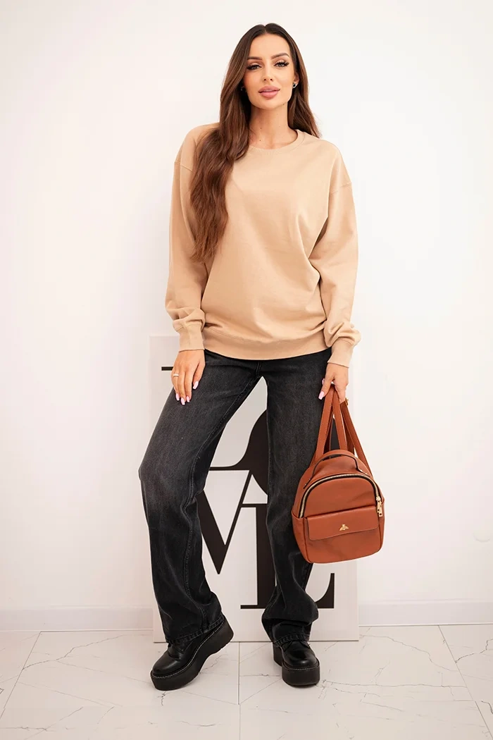 Damen Sweatshirt aus Baumwolle Basic mit Rundhalsausschnitt beige