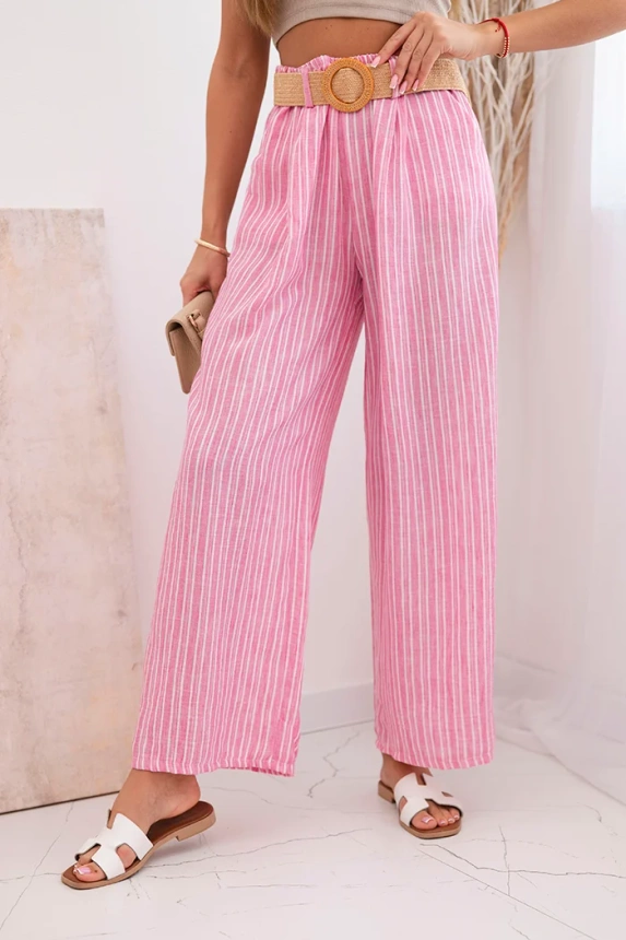 Gestreifte Damenhose aus Viskose mit weitem Bein rosa