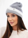Czapka damska beanie prążkowana z ozdobą ciemnoszara+szara