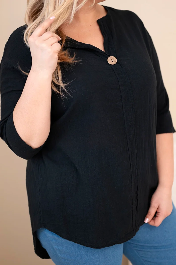 Plus-size women's cotton blouse with a button-front neckline black
