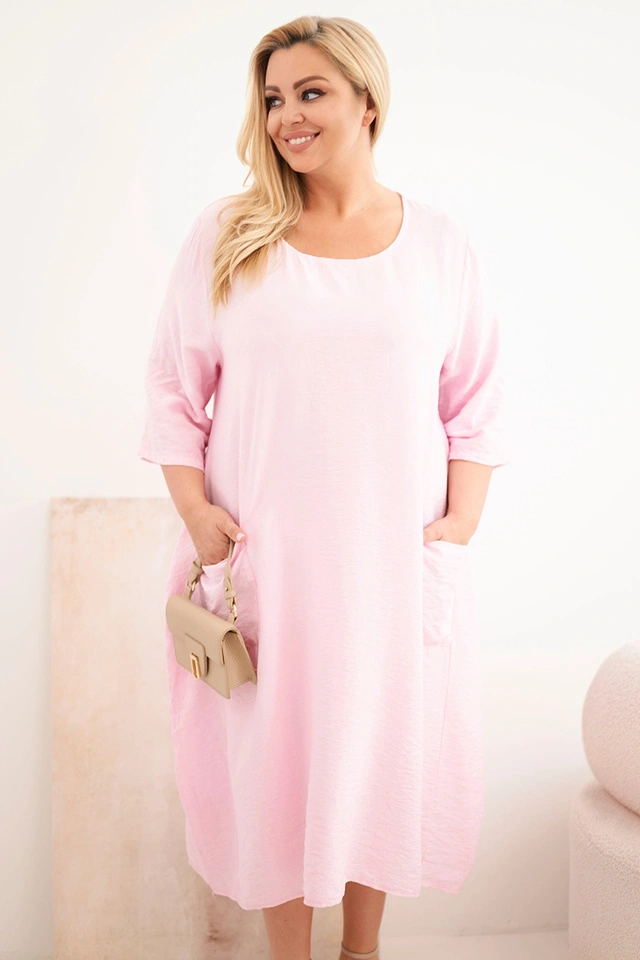 Sukienka damska Plus Size wiskozowa z kieszeniami krótki rękaw cukierkowy róż