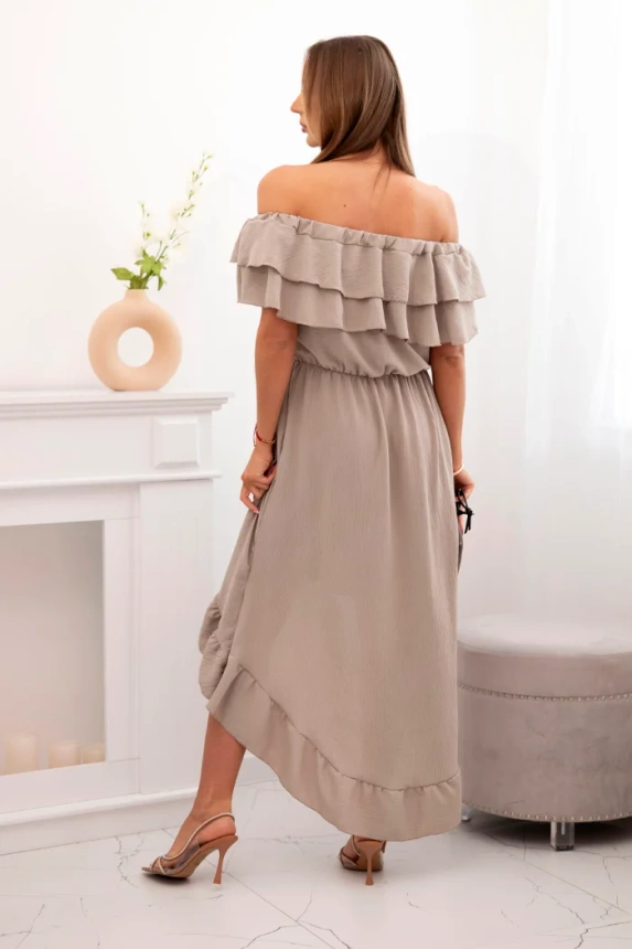 Schulterfreies Damenkleid mit längerem Rücken fango