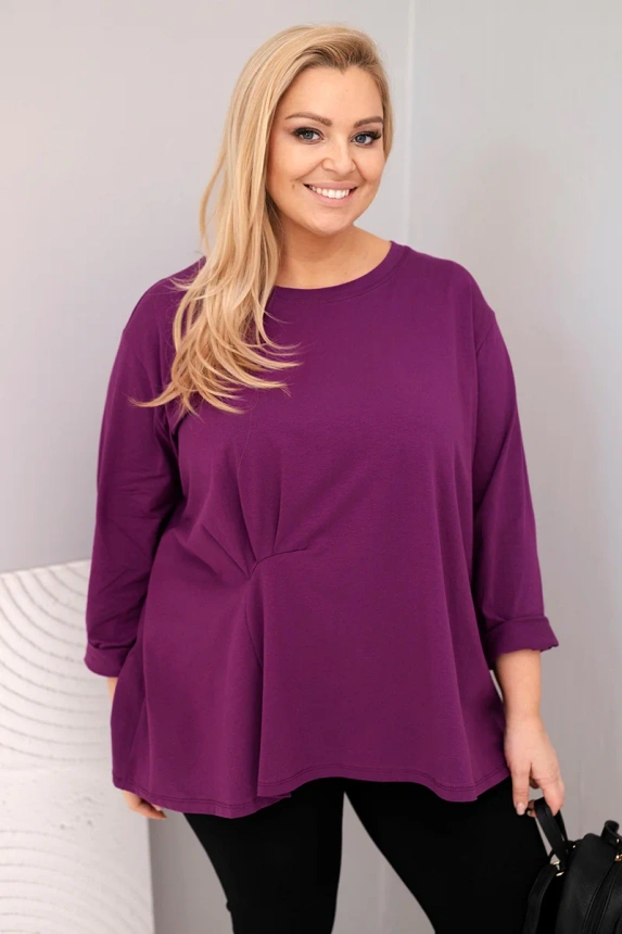Plus size women's blouse with cotton, long sleeves and gathering, dark purple