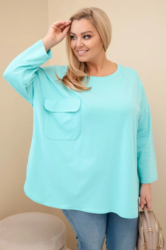 Women's Plus Size blouse with cotton, featuring a pocket and rolled-up sleeves mint green