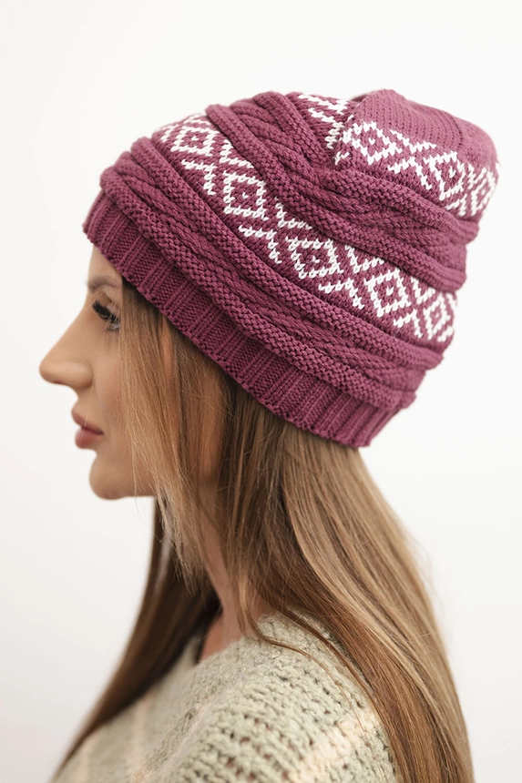 Women's winter hat with pattern and wool K425 dark purple