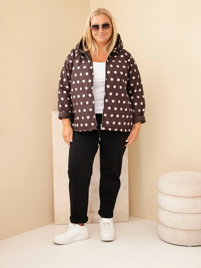 Plus Size women's jacket with polka dots and hood brown