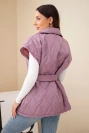 Quilted women's vest with a belt and a wide collar dark pink