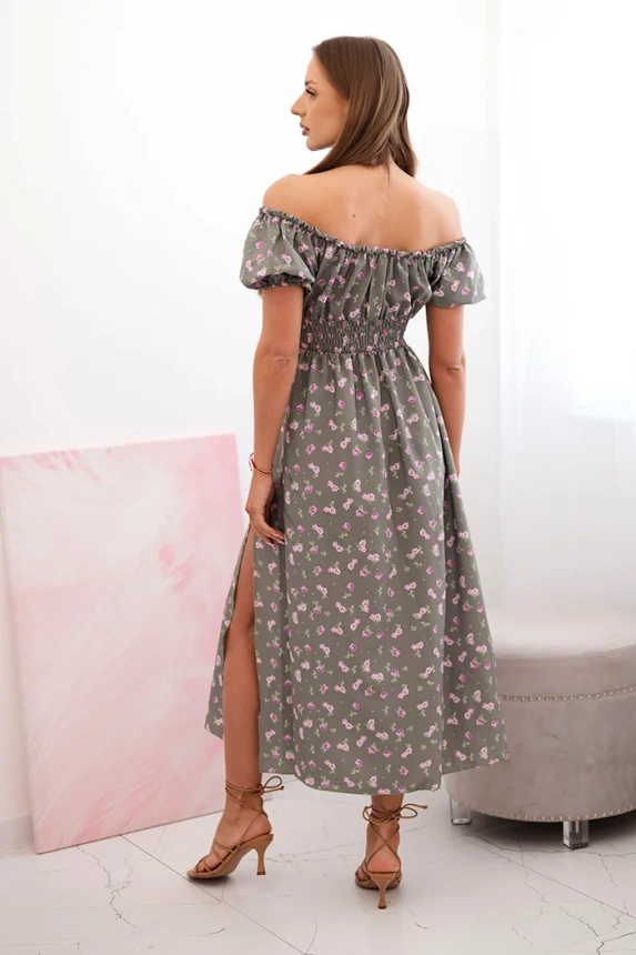 Women's maxi dress with flowers and puffs khaki