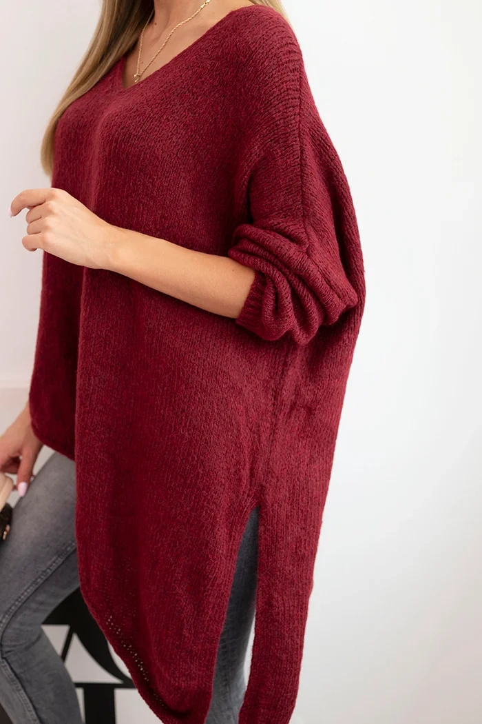 Damenpullover aus Wolle asymmetrisch Plus Size mit V-Ausschnitt bordó