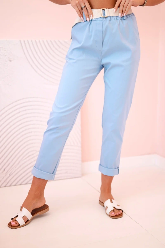 Women's viscose trousers with belt and rolled up leg blue