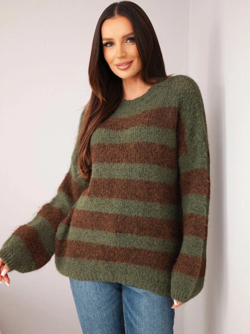 Damenpullover mit Woll- und Mohairanteil mit Streifen khaki