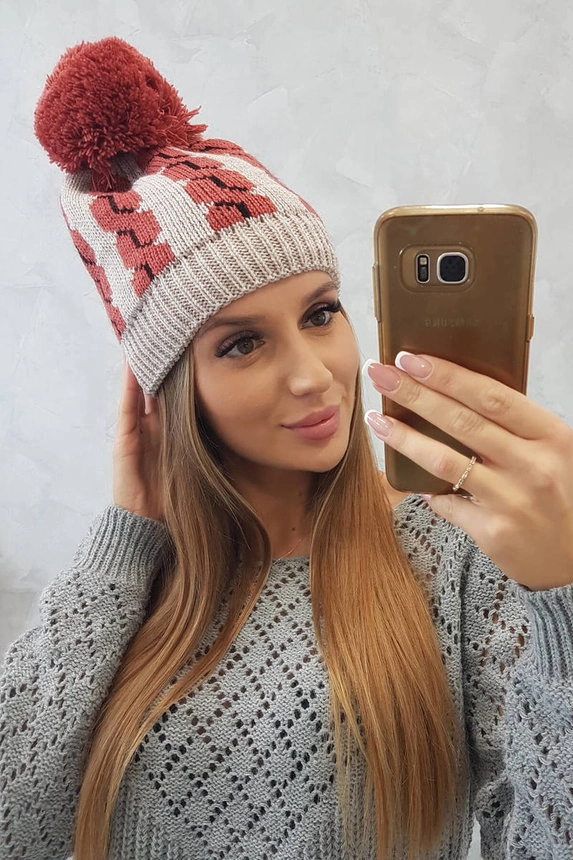 Damenmütze mit Bommel Rozalia K323 rot+beige