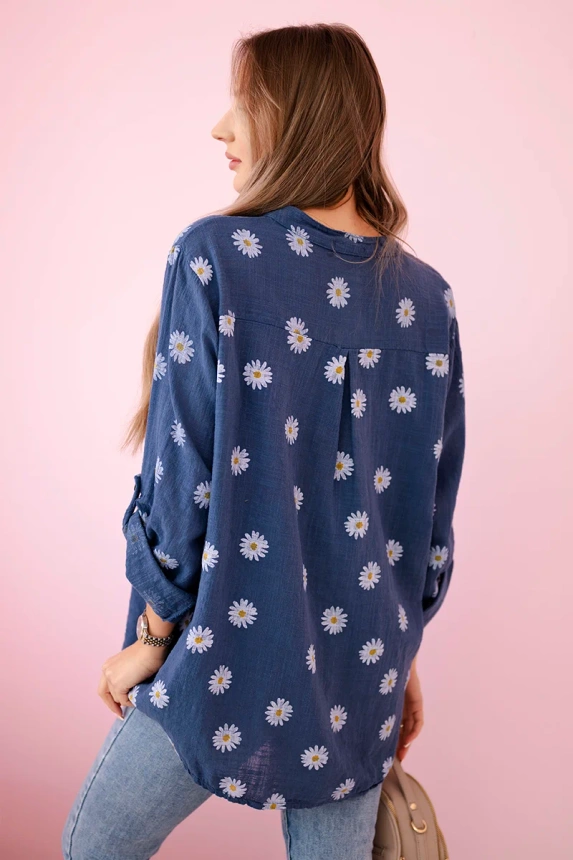 Linen Women's Blouse with Floral Pattern, Long Sleeves, and Buttons Denim