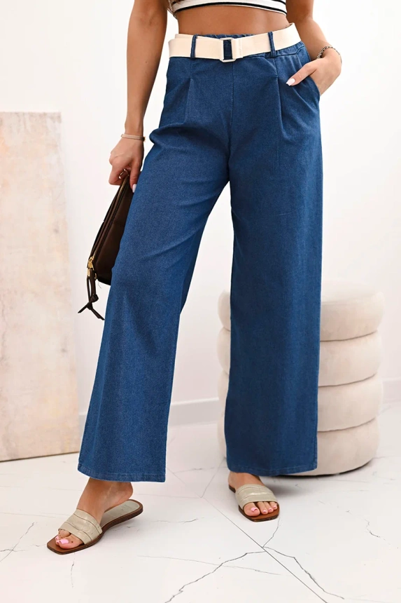 Women's cotton pants with wide legs and a belt - denim
