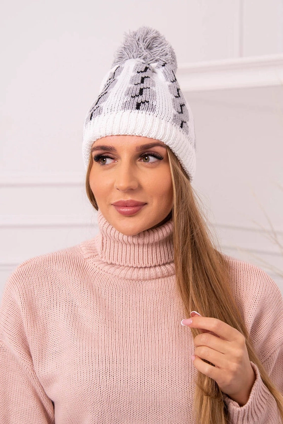 Dámská čepice s bambulí Rozalia K323 šedá+bílá