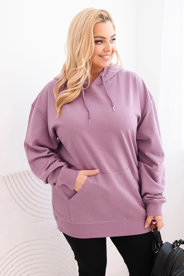 Bluza damska pętelkowa Plus Size bawełniana z kapturem i kieszenią kangurką ciemno różowa