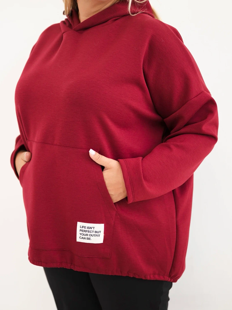 Damen Sweatshirt Plus Size aus Viskose mit Kapuze und Kängurutasche bordeaux