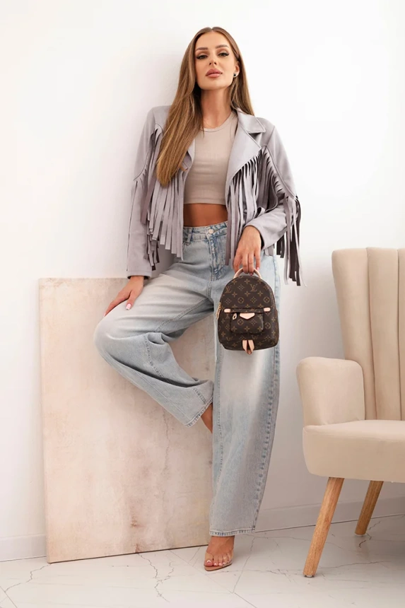 Women's suede jacket with fringes gray
