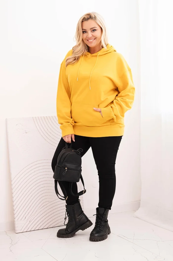 Moteriška džemperis Plus Size medvilninis su gobtuvu ir kengūros kišene garstyčių