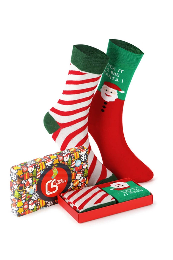 Unisex Weihnachtsstrumpfsocken im Karton – Set mit 2 Paaren mit dem Weihnachtsmann und Streifen