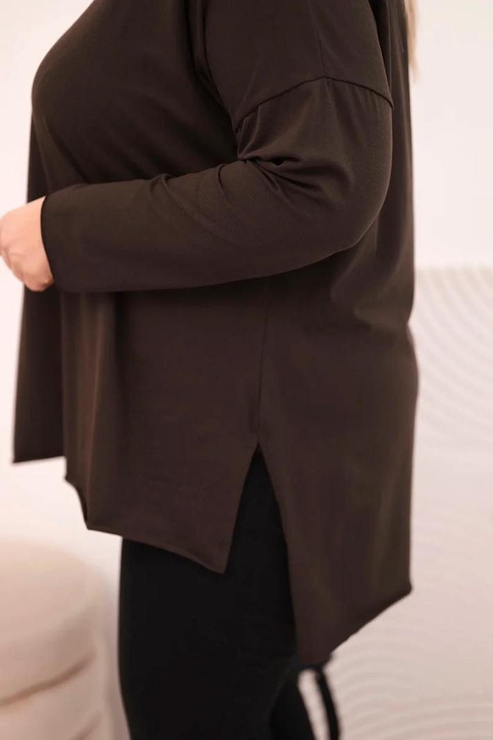 Dámská bavlněná blůza Plus Size asymetrická s dlouhým rukávem hnědá