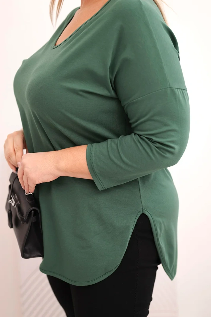 Dámská bavlněná blůza Plus Size s výstřihem do V a ohrnovacími rukávy tmavě khaki