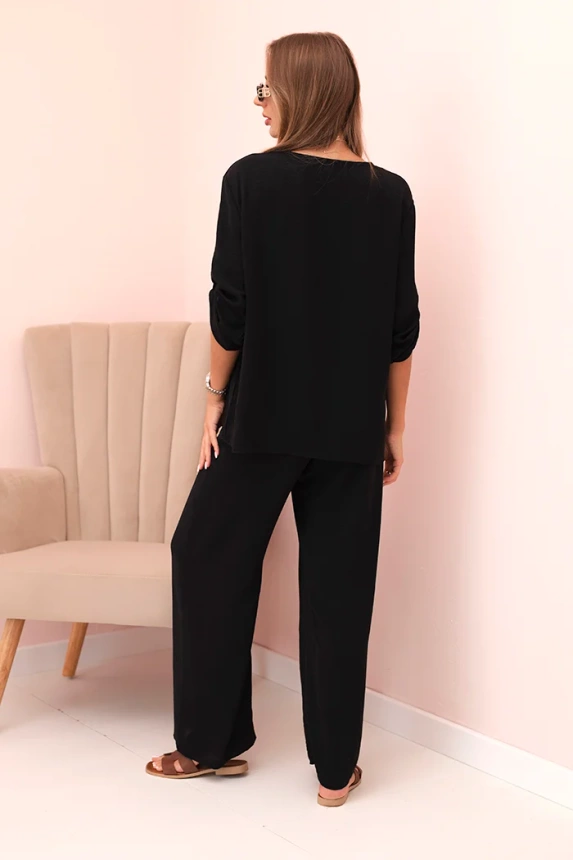 Damen-Set mit einer Bluse mit Halskette und einer weiten Hose schwarz