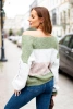 Women's striped sweater with cable knit sleeves made of khaki wool + gray