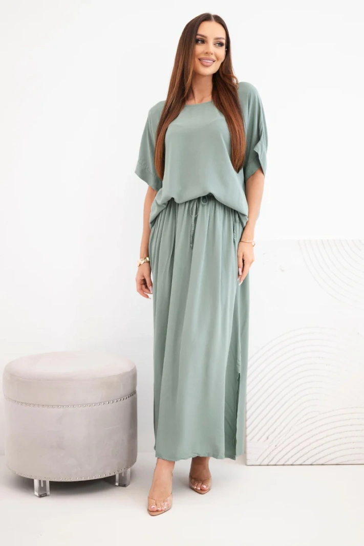 Damen-Set aus Viskose mit Bluse und Rock khaki
