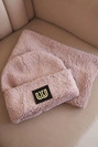 Women's fleece set hat and scarf with decorative patch dark powder pink