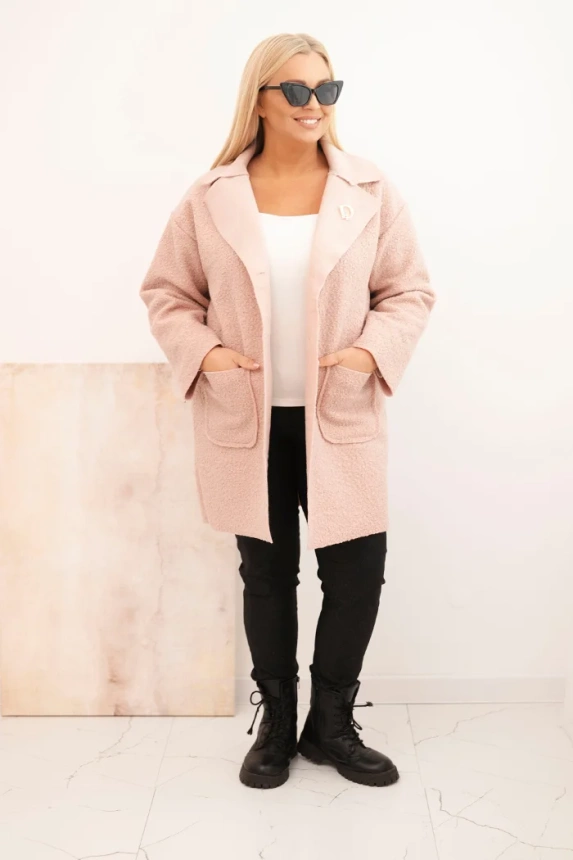Moteriškas paltas Plus Size avikailis su vilna ir kišenėmis pudro rožinė