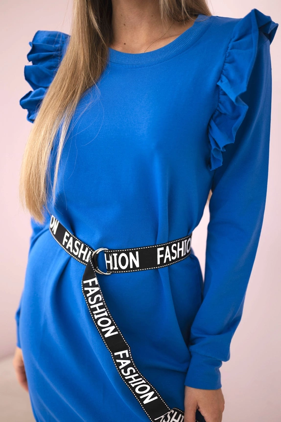Women's dress with frills and belt cornflower blue