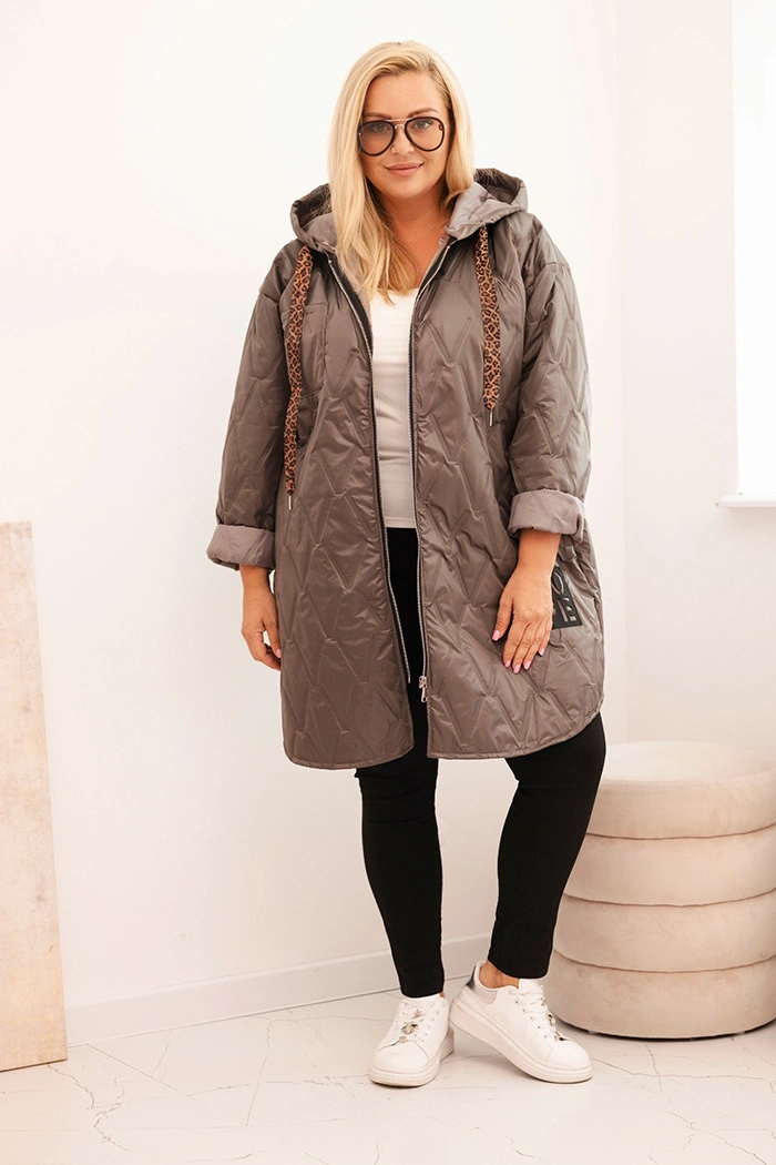 Women's Plus Size quilted jacket with a hood and the inscription HOPE cappuccino