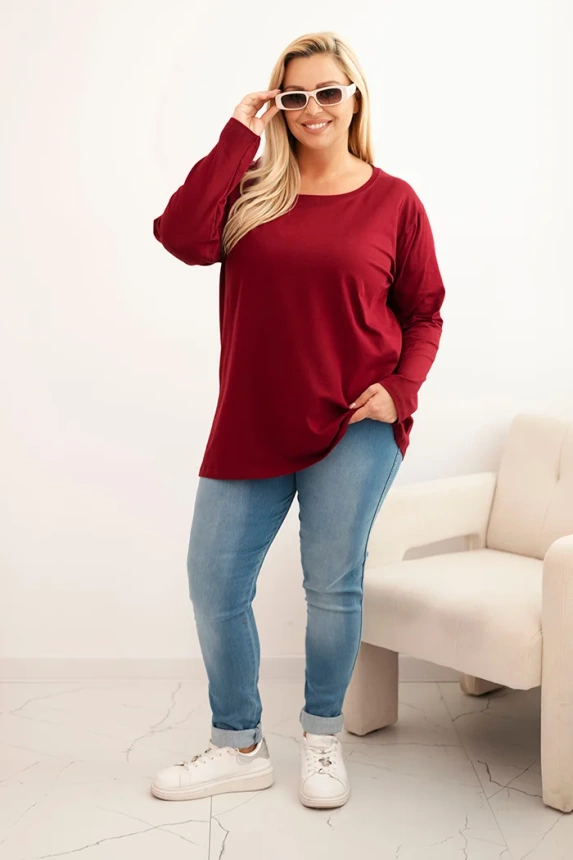 Dámská blůza Plus Size bavlněná s kulatým výstřihem bordová