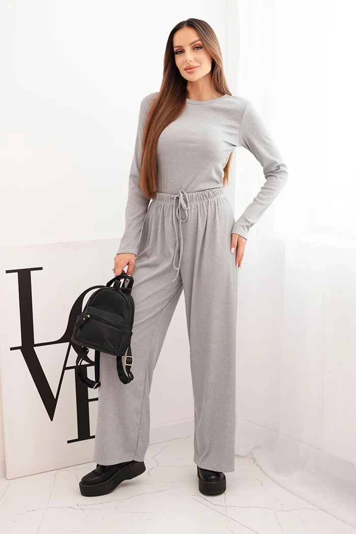 Women's viscose set with a blouse and wide pants gray
