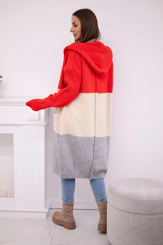 Gestreifter Cardigan-Pullover mit Kapuze rot + beige + grau