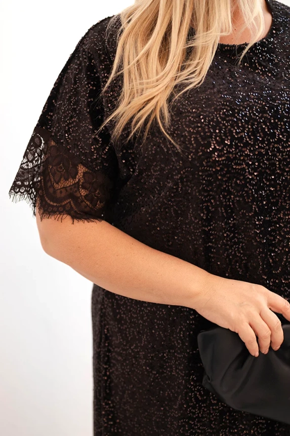 Dámska sukňa Plus Size s flitrami a čipkovým zakončením hnedá